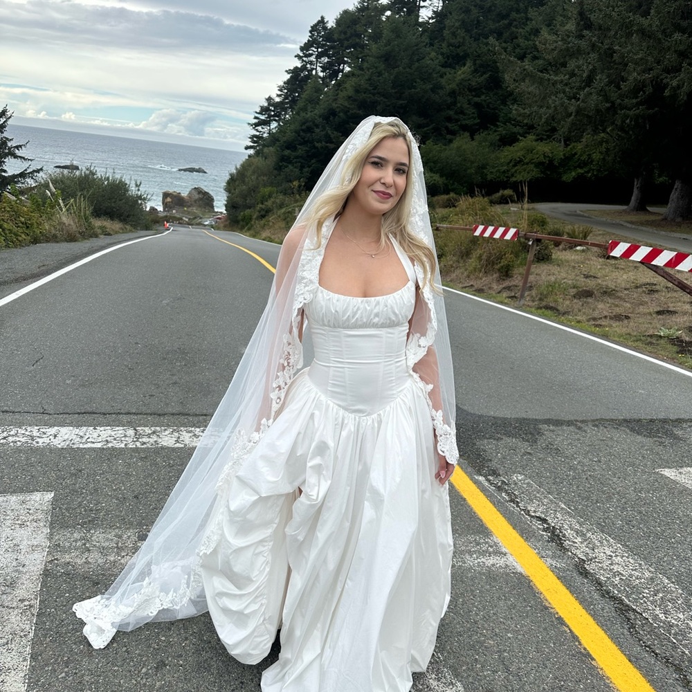 Boohoo White Wedding Dress with Veil